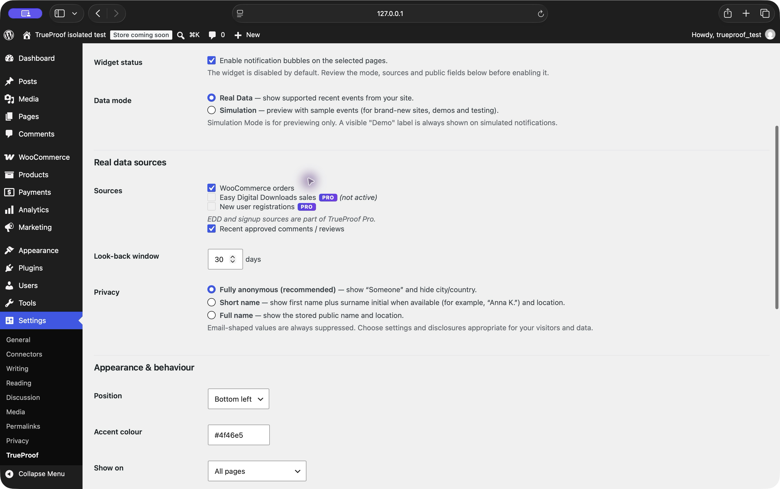 Actual TrueProof Privacy section with Fully anonymous recommended selected