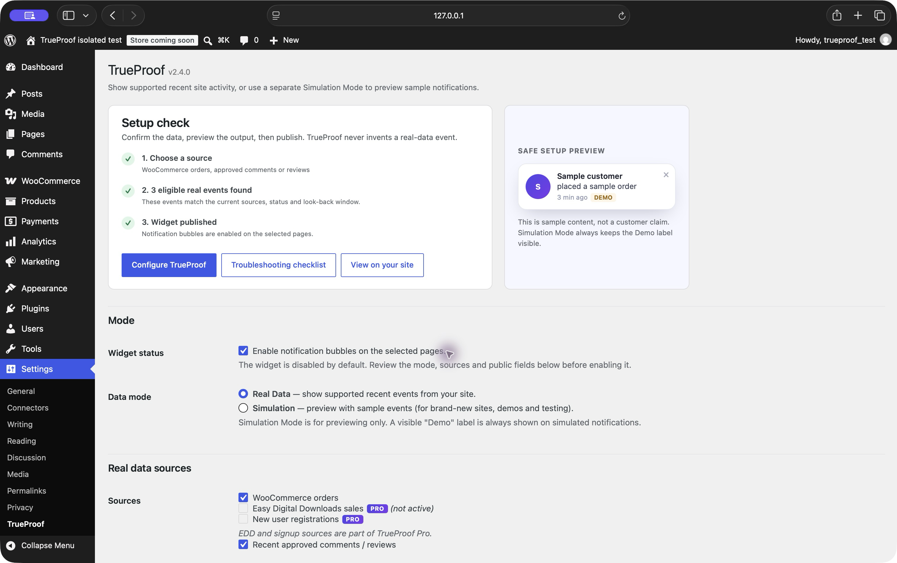 Actual TrueProof 2.4.0 settings: enabled Real Data mode with WooCommerce orders and approved comments selected on an isolated test site