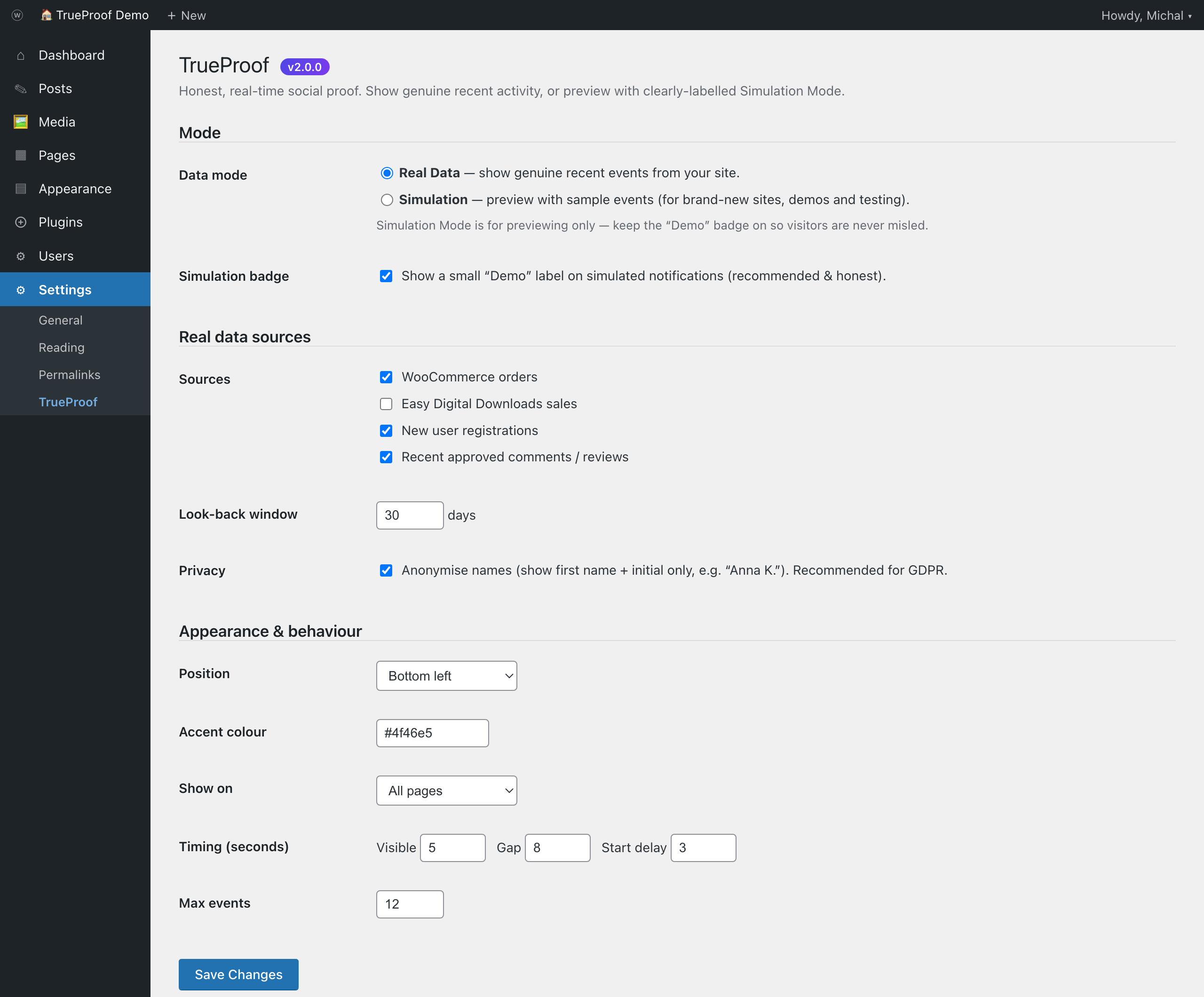 TrueProof settings showing notification data-source and display controls